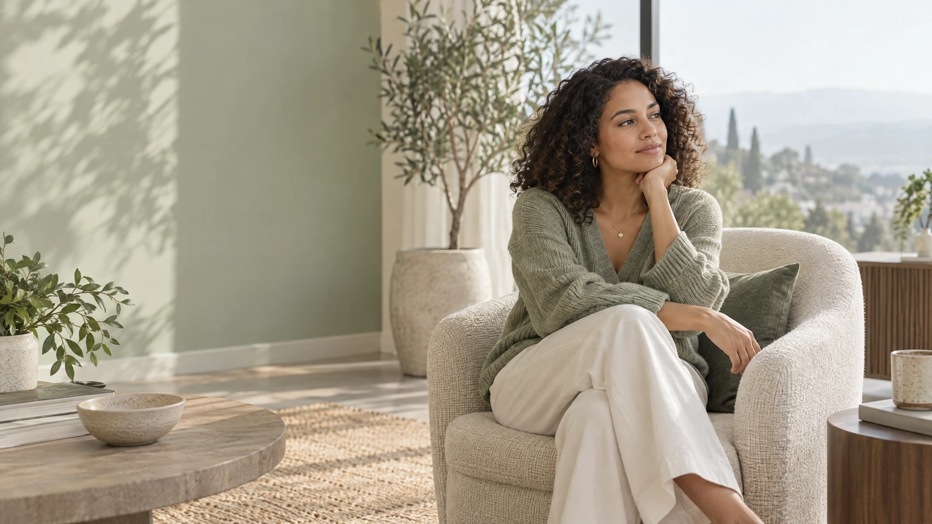 A calm, sunlit therapy space with a client sitting near a window